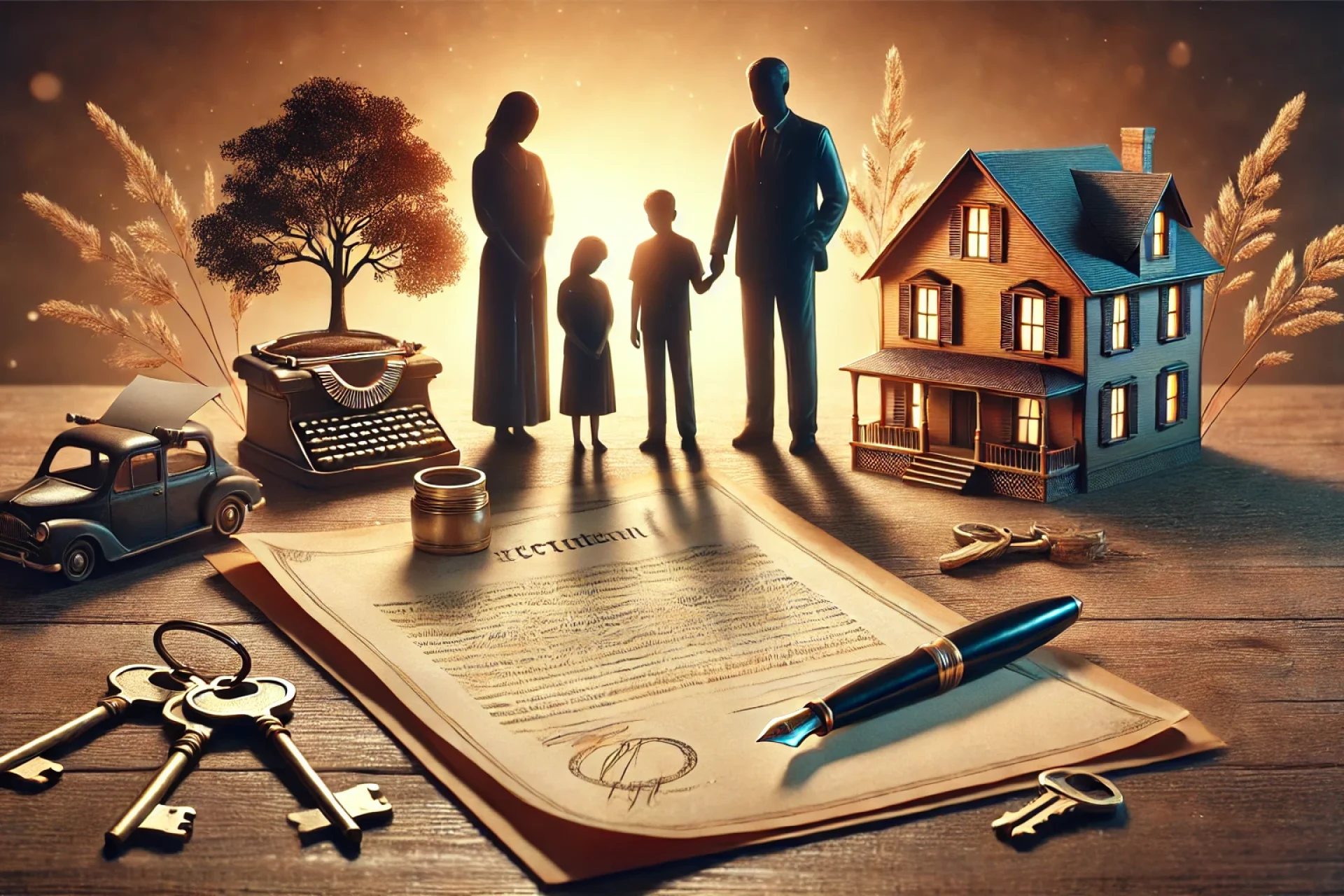 DALL·E 2024-10-14 09.53.20 - An image symbolizing inheritance, featuring a family standing together next to a large, open document such as a will or contract. The document is on a
