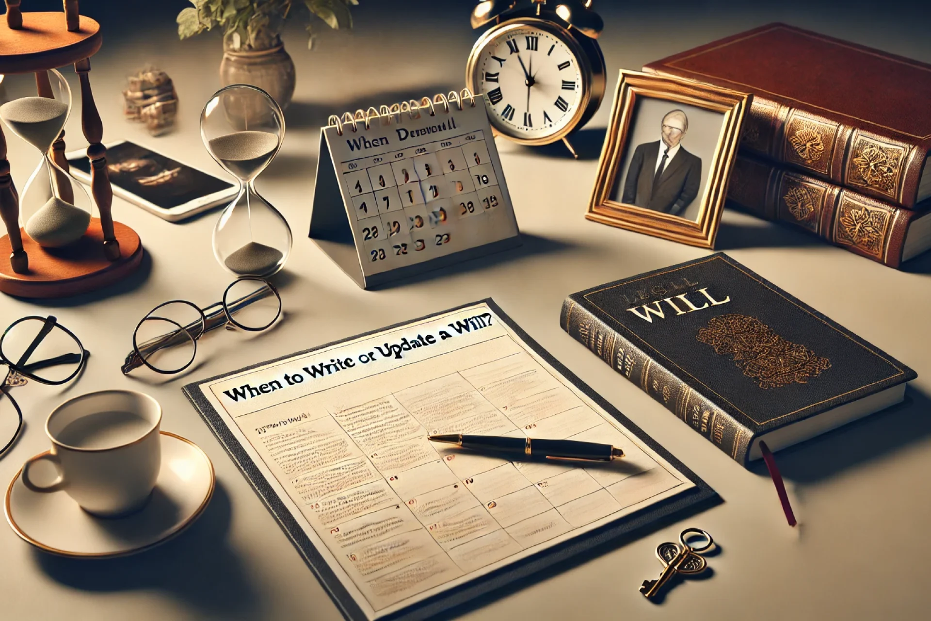 DALL·E 2024-10-14 09.59.48 - An image representing the question 'When to write or update a will_'. It shows a close-up of a desk with a neatly placed will, a calendar marked with