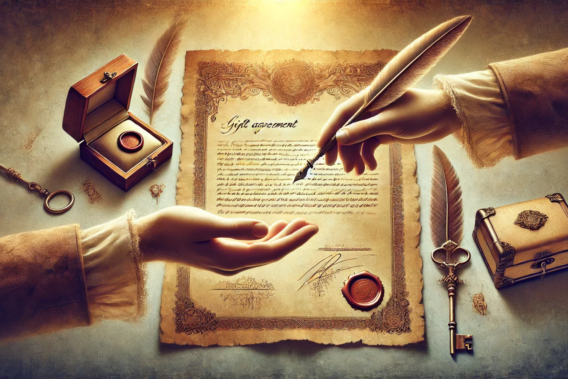 DALL·E 2024-10-14 10.35.04 - An image that represents a 'Gift Agreement and Inheritance' concept, set in a formal and elegant style. On the left, there is an antique parchment or
